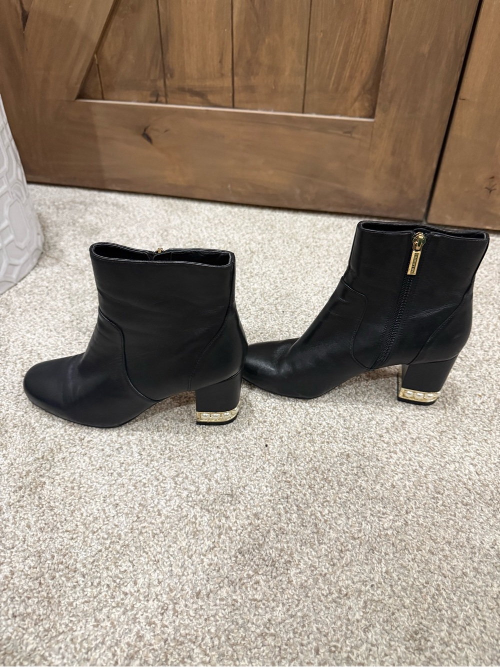 Karl Lagerfeld Black Leather Ankle Boots with Gold Heel Detail